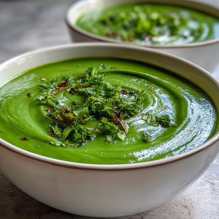 Nourishing green detox vegetable soup with zucchini and peas, topped with parsley and mint for a fresh, healthy meal.