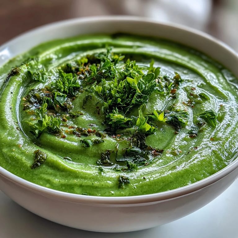 Creamy green detox soup featuring zucchini, peas, and broccoli, served in a white bowl with a drizzle of olive oil.  