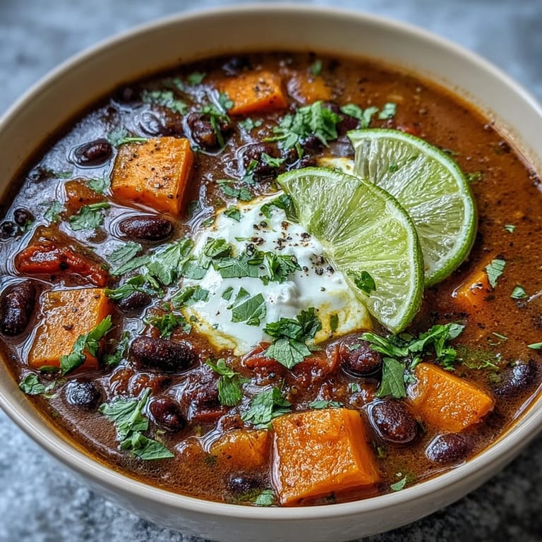Rich and hearty black bean soup with tender sweet potatoes, smoky spices, and a zesty lime crema drizzle for a Southwestern-inspired meal.