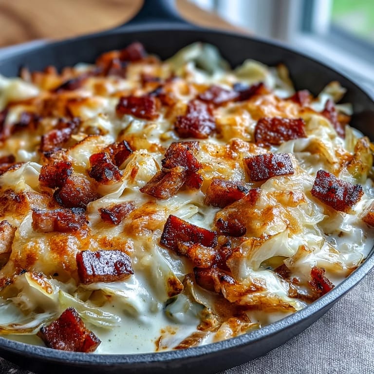 Savory one-pan Creamy Cabbage and Ham Skillet with sautéed cabbage, diced ham, and melted cheddar in a creamy garlic sauce.