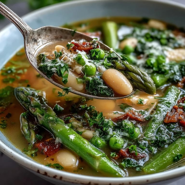 Close-up of spring minestrone with white beans and asparagus, topped with grated Parmesan and a drizzle of olive oil.