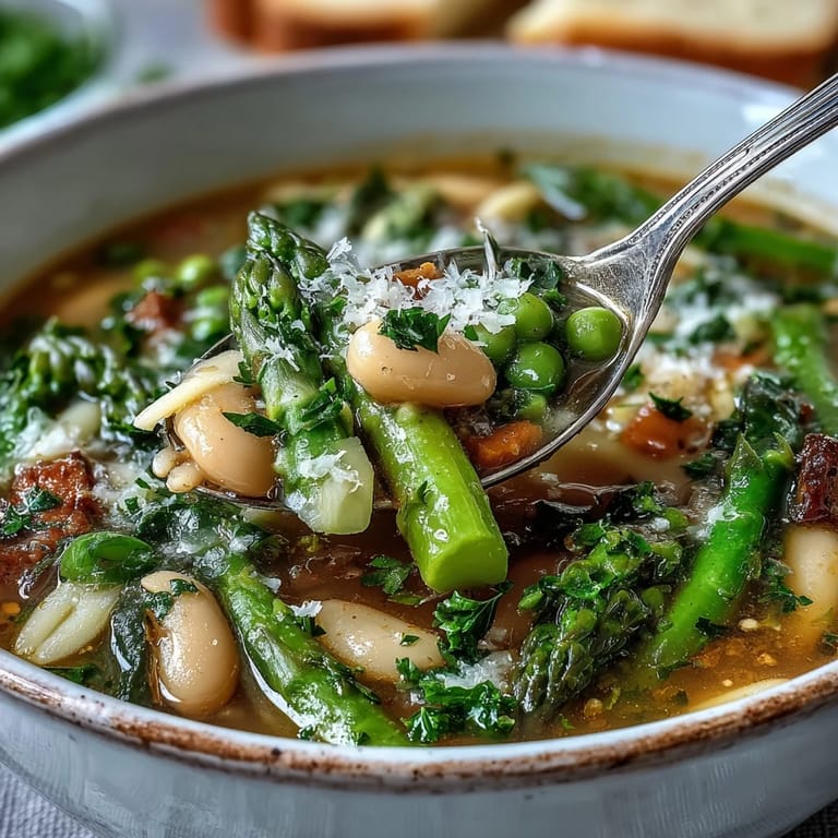 Hearty spring minestrone soup showcasing tender asparagus, creamy white beans, and vibrant seasonal greens in a rich broth.  