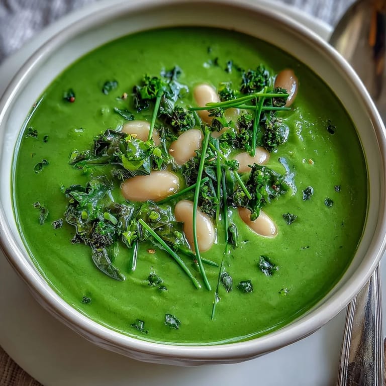 Wholesome vegetarian spinach and white bean soup packed with green veggies, garnished with parsley and served with crusty bread.