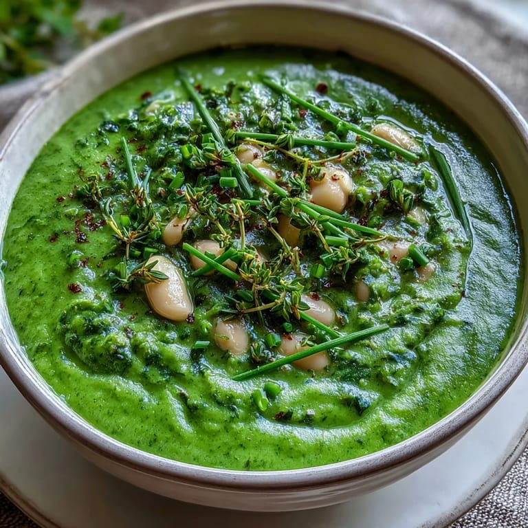 Creamy blended spinach and white bean soup with broccoli, zucchini, and leek, served steaming hot with a lemon wedge.  