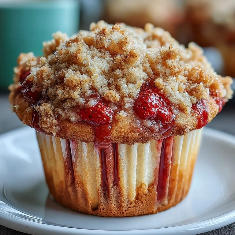 Buttery crumble and juicy strawberries crown these moist lemon-zest muffins, ideal for brunch or afternoon snacking.