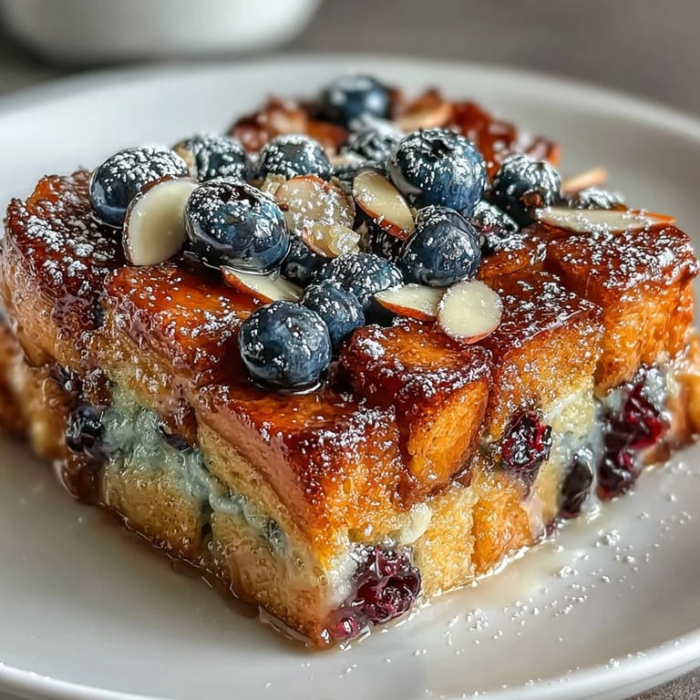This vibrant blueberry lemon sourdough casserole is topped with crunchy almonds and dusted with powdered sugar for a festive breakfast.