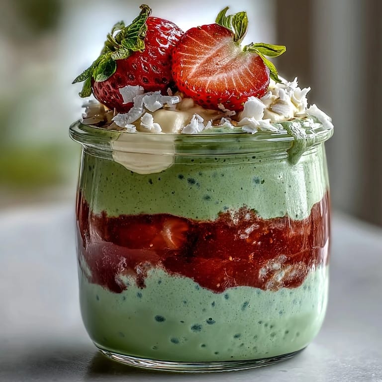 Layered chia pudding jars featuring creamy matcha yogurt, sweet strawberry puree, and crunchy granola topping for a refreshing treat.  