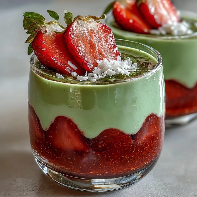 Beautifully layered strawberry matcha chia pudding jars, ideal for meal prep or a nutritious, colorful dessert.