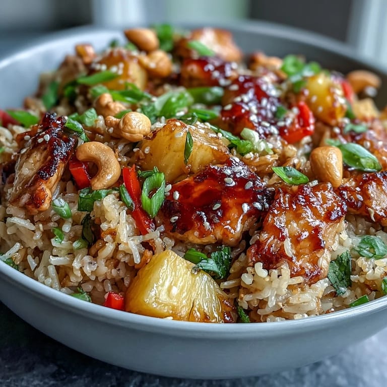 A colorful bowl of sweet chili chicken pineapple fried rice, bursting with juicy pineapple, tender chicken, and vibrant vegetables, perfect for a quick and satisfying dinner.
