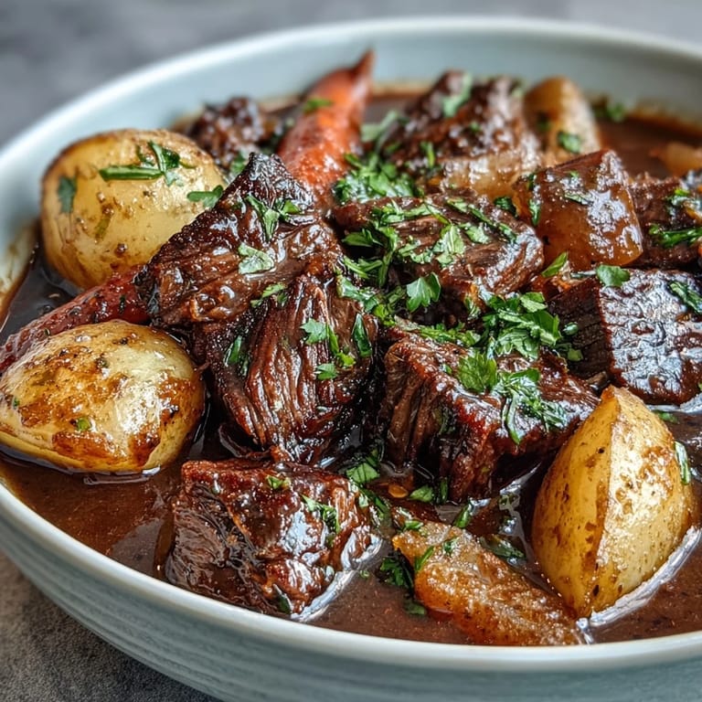 Close-up of a rustic serving of beef stew with hearty vegetables, served in a deep bowl, steam rising invitingly.