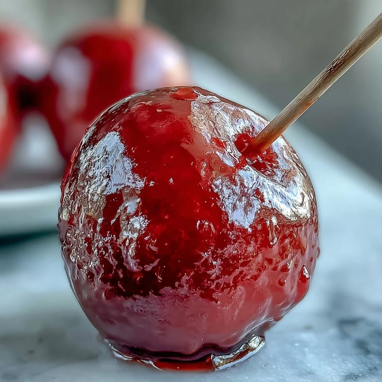 Shiny red candy shell encasing a tart green apple, creating a classic American treat with a satisfying crunch.
