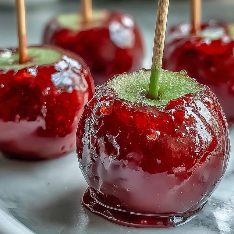 Vibrant red candy coating dripping down a fresh apple, offering a nostalgic and irresistible dessert experience.