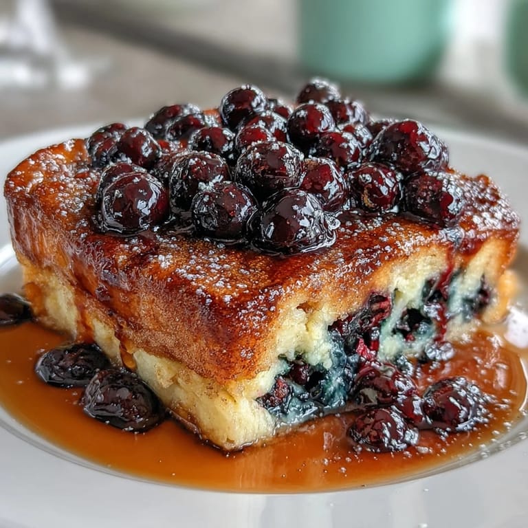 Zesty lemon custard-soaked sourdough cubes with juicy blueberries baked to golden perfection in a cozy breakfast casserole.