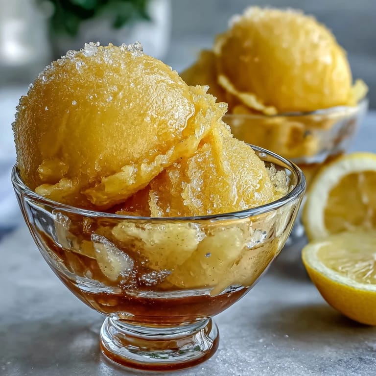 Bright yellow limoncello sorbet garnished with fresh mint and lemon zest, offering a zesty, palate-cleansing dessert.