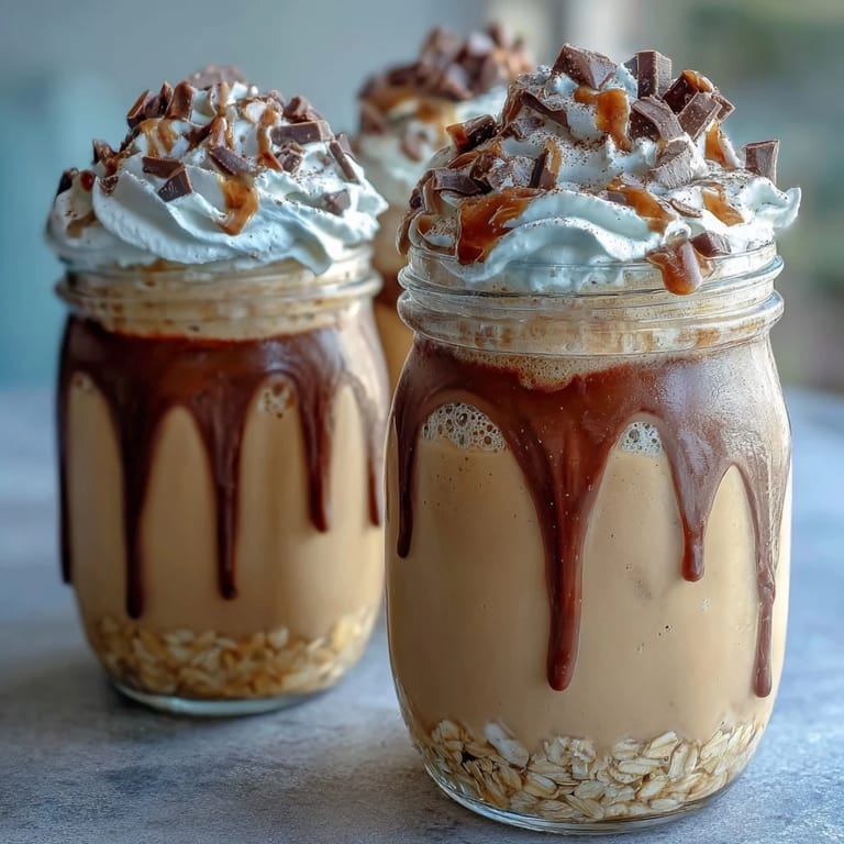 Layered vanilla bean frappuccino overnight oats dessert jar with Greek yogurt, chia seeds, and a dusting of espresso powder for a café-style flavor at home.