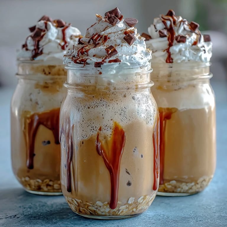 Rich vanilla bean frappuccino overnight oats dessert jar, chilled and topped with chocolate shavings and caramel drizzle for a decadent breakfast or dessert.