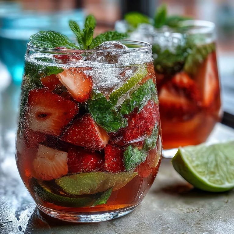 Vibrant virgin mojito pitcher filled with fresh mint, juicy lime, and sweet strawberries, ideal for sunny spring gatherings.