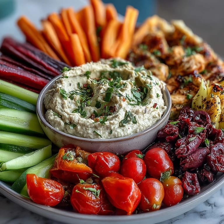 Playful Chicken Run veggie tray arranged with fresh vegetables and creamy ranch hummus dip.