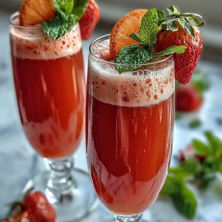 Refreshing Mothers Day brunch strawberry mimosa mocktail with bubbly orange juice and mint garnish.