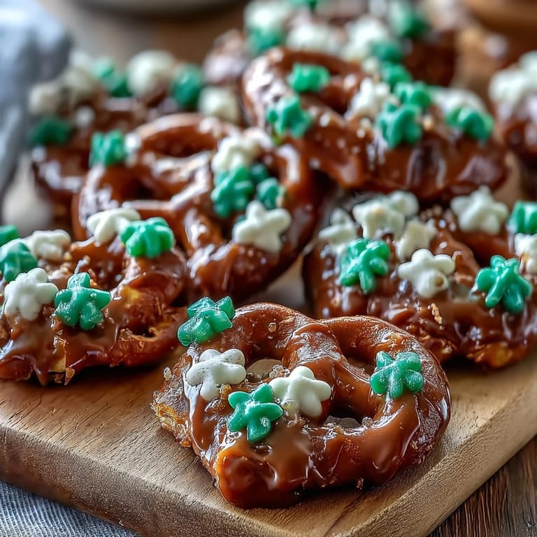 Crunchy pretzel shamrocks coated in green candy, topped with festive sprinkles for St. Patricks Day.