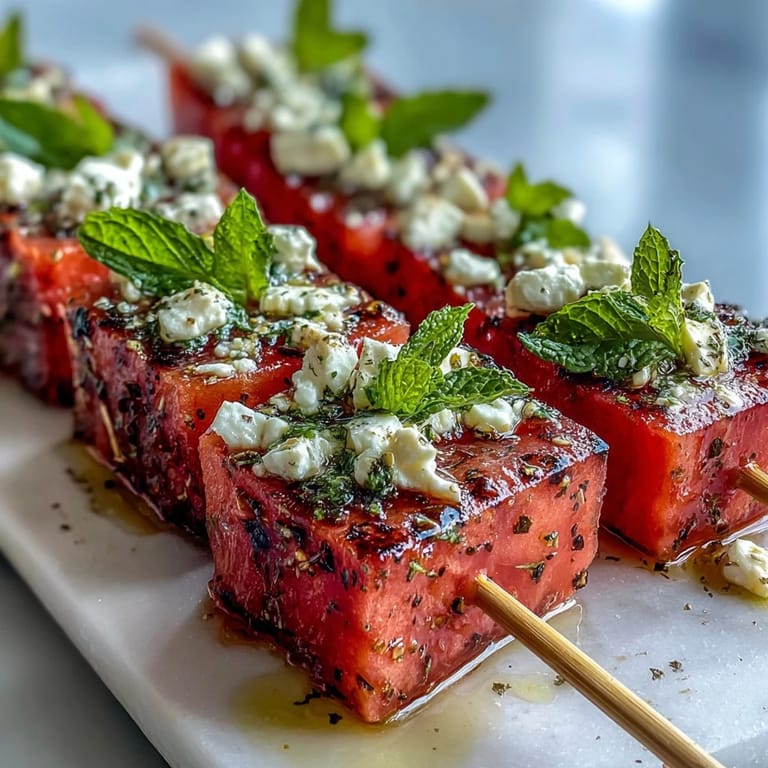 Juicy watermelon cubes paired with creamy feta and mint leaves, a refreshing no-cook appetizer on skewers.