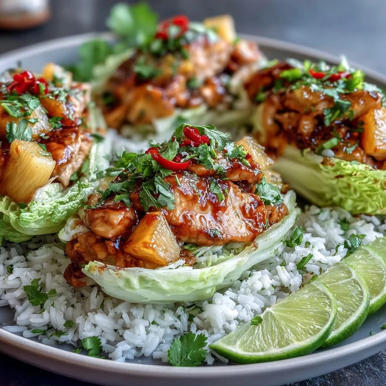 Colorful pineapple chicken and rice lettuce wraps with juicy chicken, sweet pineapple, and crunchy vegetables.  