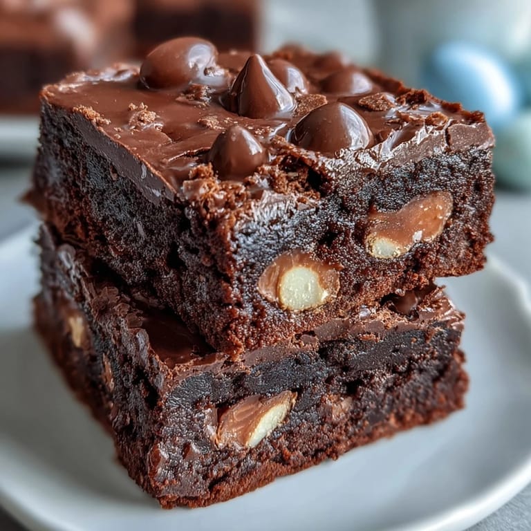 Gooey dark chocolate brownies loaded with Cadbury mini eggs and topped with sweet cocoa crumble.