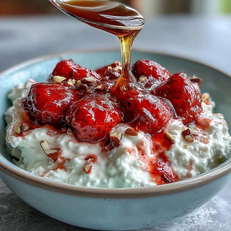 Creamy Greek yogurt layered with warm strawberry compote, honey, and toasted almonds, perfect for a light dessert or healthy snack.