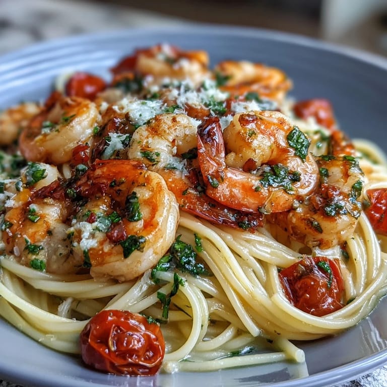 Bright Mediterranean one-pot garlic shrimp with angel hair, showcasing tender pasta, colorful vegetables, and succulent shrimp simmered in white wine and lemon.