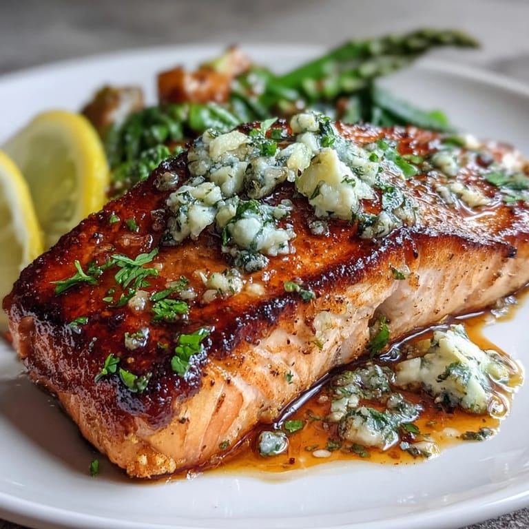 Aromatic garlic butter salmon fillets paired with vibrant green asparagus, roasted to perfection and garnished with fresh parsley for a spring-inspired dinner.