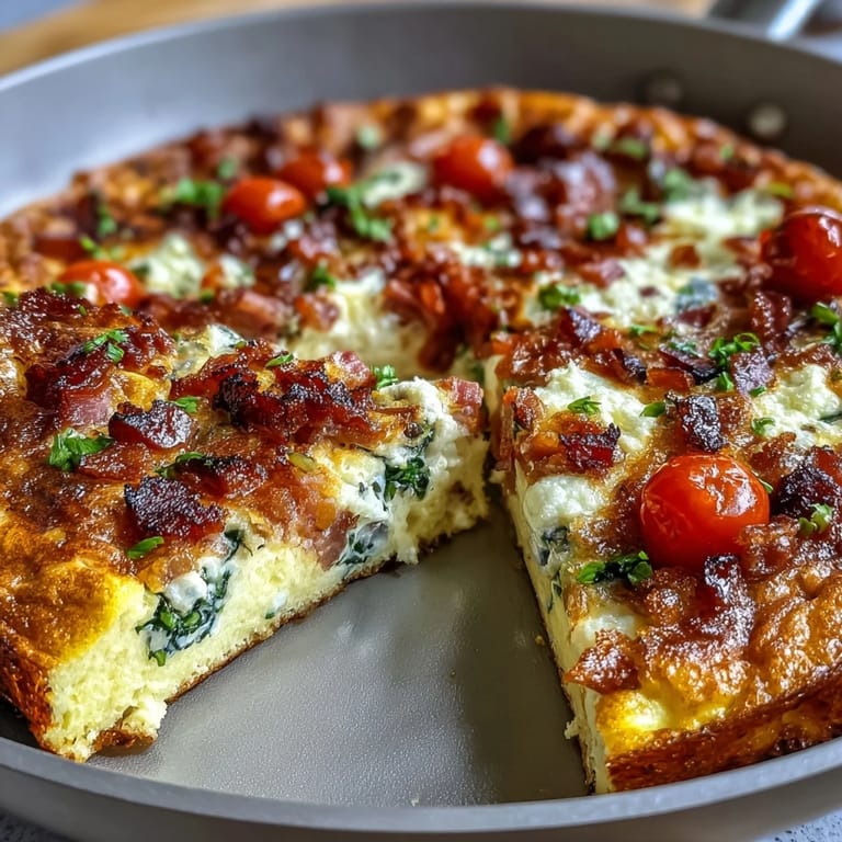 Savory baked frittata featuring fluffy eggs, diced ham, cherry tomatoes, and melted cheese, perfect for easy meal prep or a quick brunch.