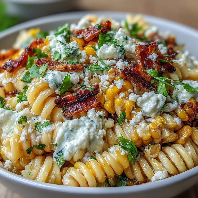 Creamy, tangy Mexican Street Corn Elote Pasta Salad featuring grilled corn, fresh cilantro, and a zesty chili-lime dressing.
