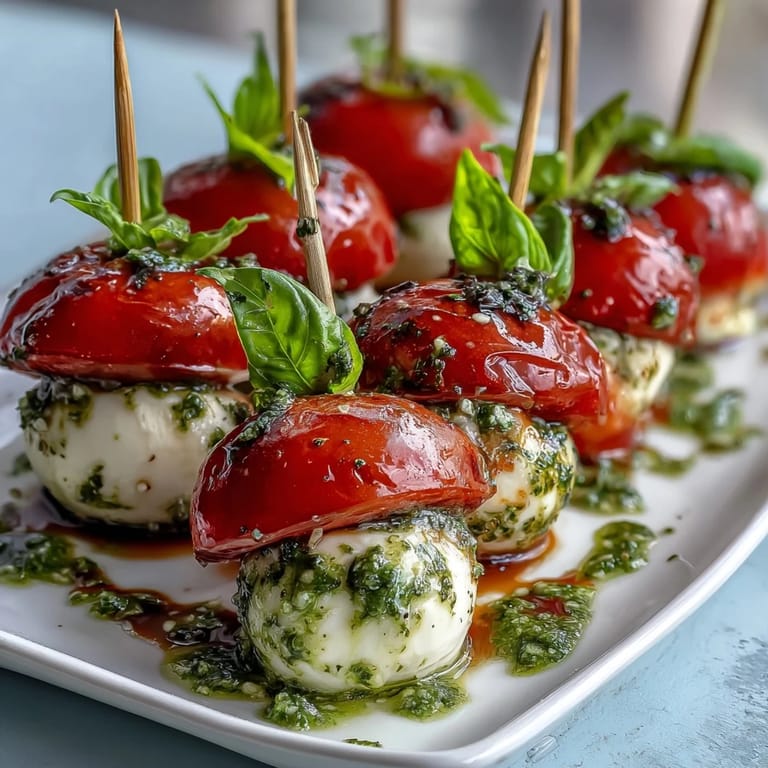 Easy no-cook appetizer with colorful tomato and mozzarella skewers drizzled with vibrant basil pesto.  