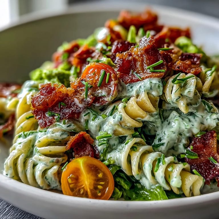 Fresh BLT pasta with avocado ranch—crunchy lettuce, smoky bacon, and cherry tomatoes tossed in a smooth, herby dressing.  