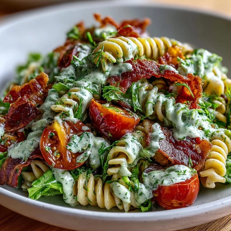 Colorful summer BLT pasta featuring ripe avocado ranch, crumbled bacon, and fresh greens for a picnic-perfect main dish.