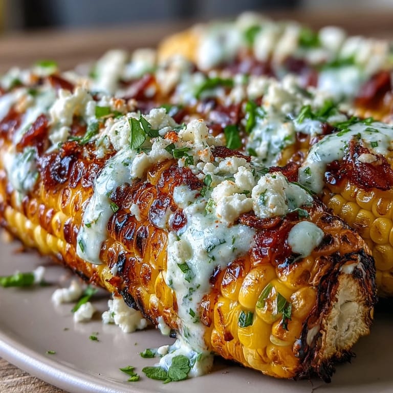 Mexican street corn grilled to perfection, drizzled with creamy sauce and sprinkled with chili.