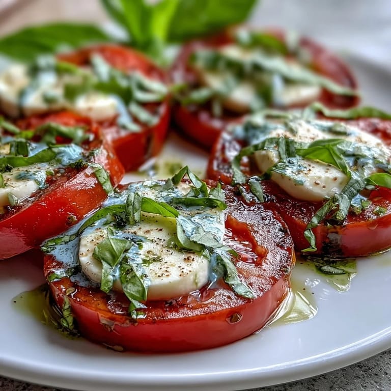 Fresh Caprese Salad with Basil Oil Drizzle: juicy heirloom tomatoes and soft mozzarella arranged with whole basil leaves, finished with aromatic basil-infused olive oil.