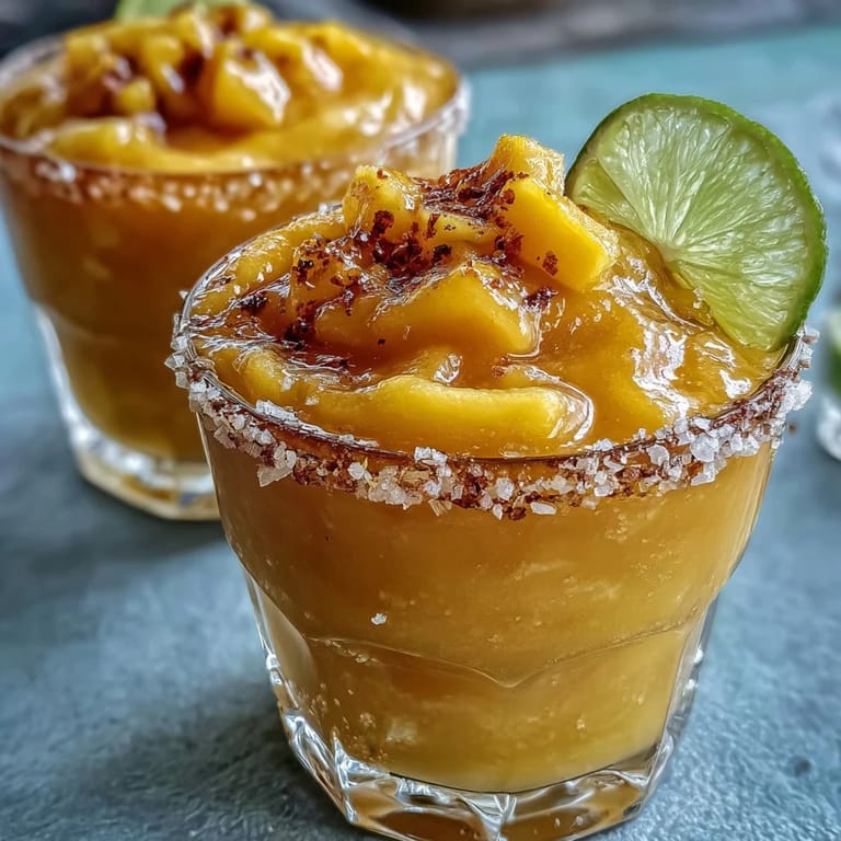 Refreshing frozen mango margarita mocktail blended with citrus, served over ice with Tajín-spiced rim for extra zing.