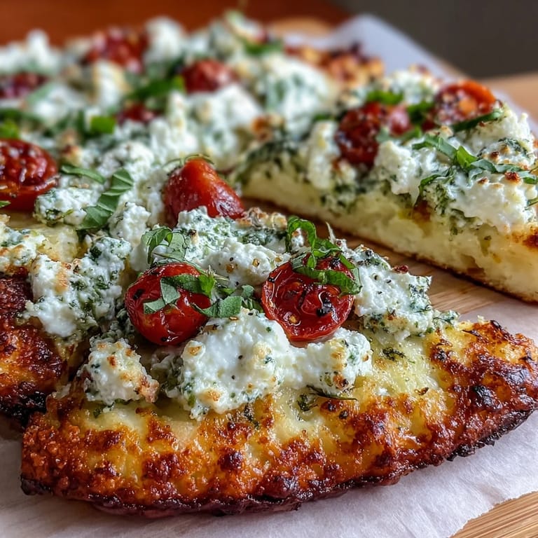 Golden cottage cheese flatbread baked to perfection and layered with vibrant pesto and juicy halved tomatoes.