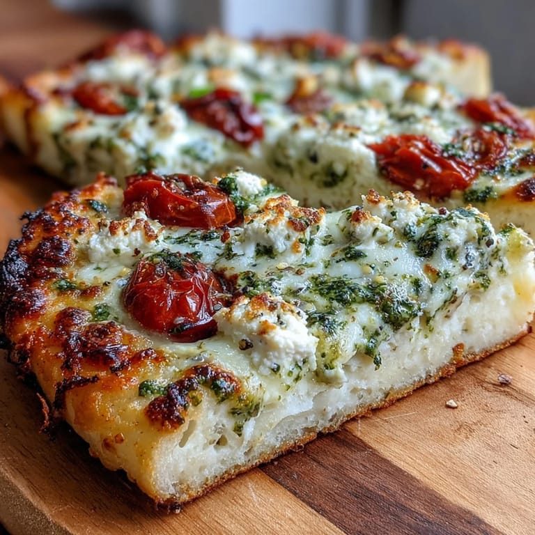 Light, gluten-free cottage cheese flatbread served warm with aromatic pesto, ripe tomatoes, and a sprinkle of parmesan.