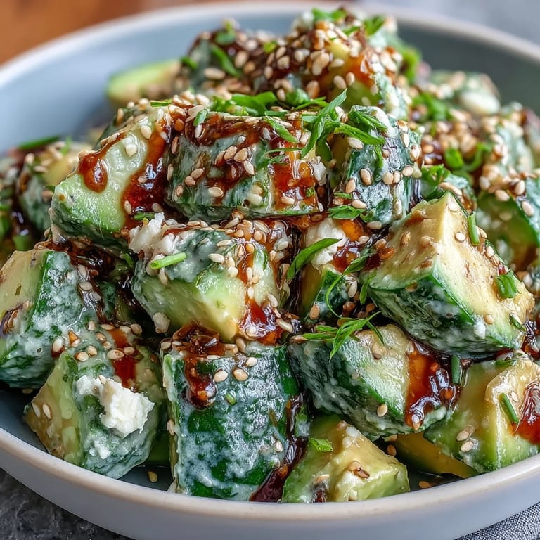 Colorful smashed cucumber and avocado salad topped with toasted sesame seeds, perfect as a light, vegan side dish.