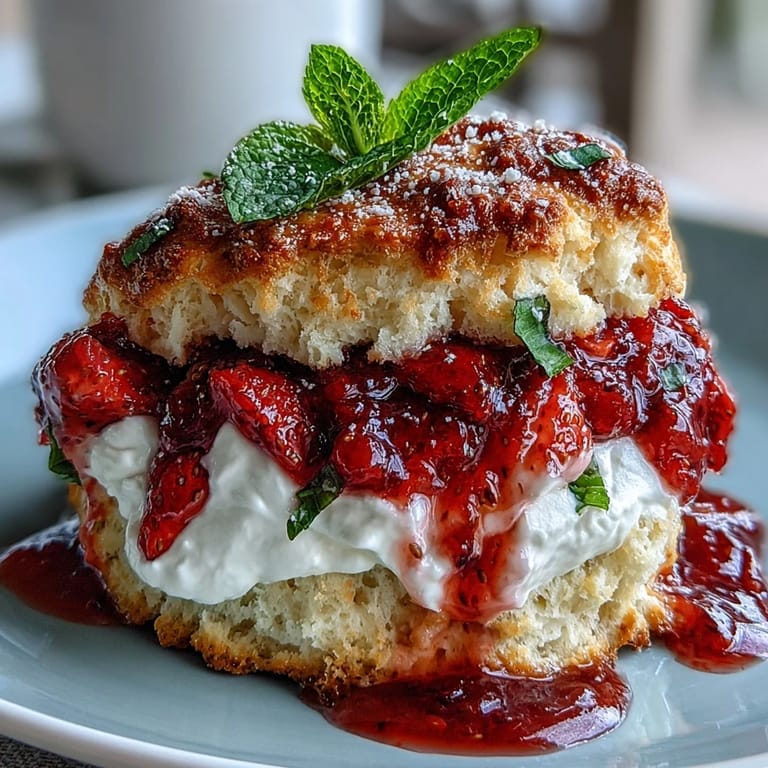 Golden shortcake biscuits layered with macerated strawberries, fresh basil, and fluffy whipped cream in a dessert stack.