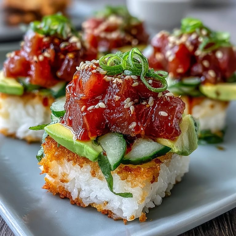 Golden fried sushi rice squares paired with creamy avocado and zesty spicy tuna in a vibrant salad.  