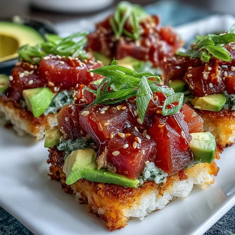 Crunchy rice salad bowl with spicy tuna, avocado, cucumber, and tangy ginger-soy dressing for bold flavor.