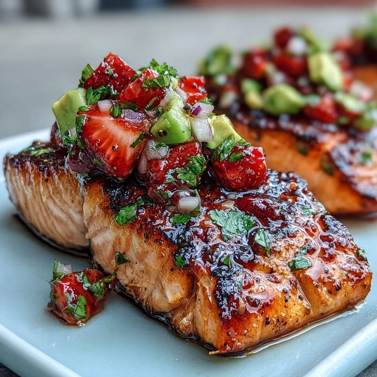 Juicy grilled salmon topped with vibrant strawberry avocado salsa, served on a white plate with fresh herbs for a bright, healthy meal.  