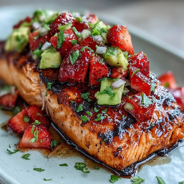 Flaky grilled salmon paired with refreshing strawberry avocado salsa, perfect for a light and flavorful dinner with a tropical twist.