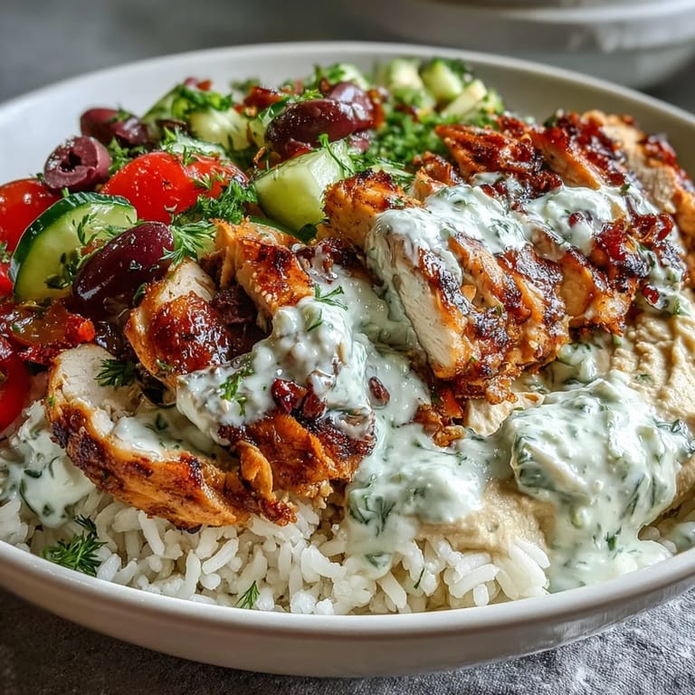 Juicy grilled Greek Chicken Bowls packed with Mediterranean flavors and creamy sauces.