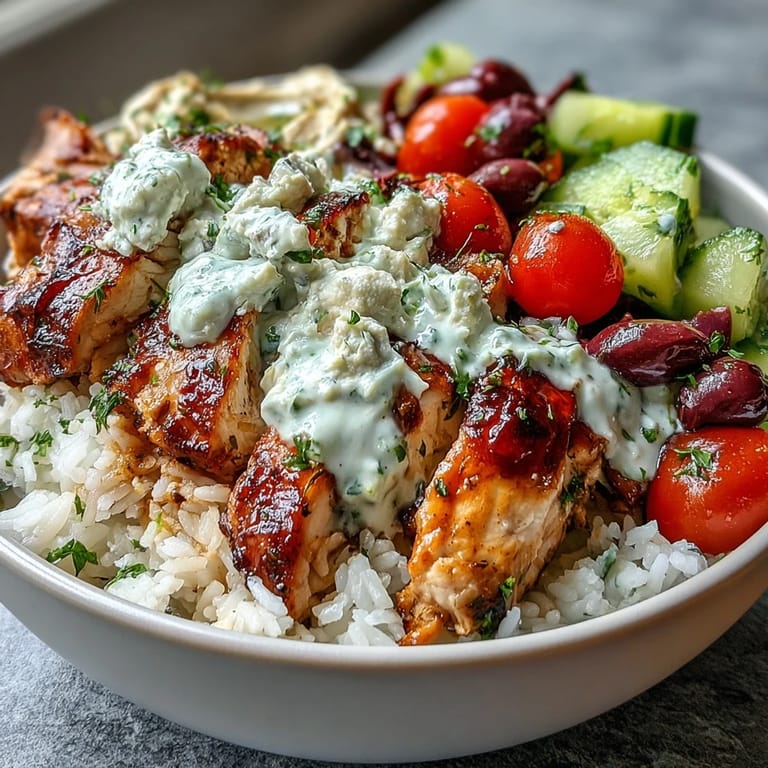 Colorful Greek Chicken Bowls featuring tender chicken, rice, and bright, zesty toppings.
