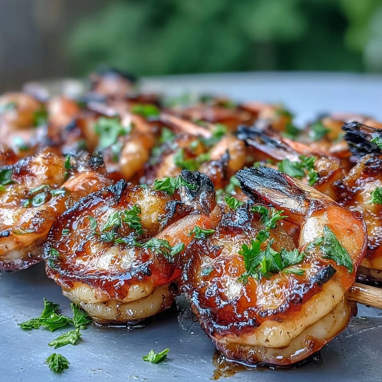 Juicy, charred Grilled Honey Garlic Shrimp Skewers served with fresh parsley.