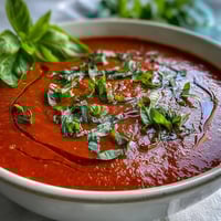 Bright red Tomato and Basil Soup in a rustic bowl, topped with fresh basil leaves and a glossy drizzle of extra virgin olive oil.